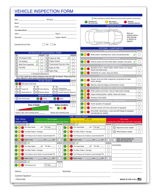 Multi Point Vehicle Inspection Forms Toyota Honda Ford GM Chrysler ...